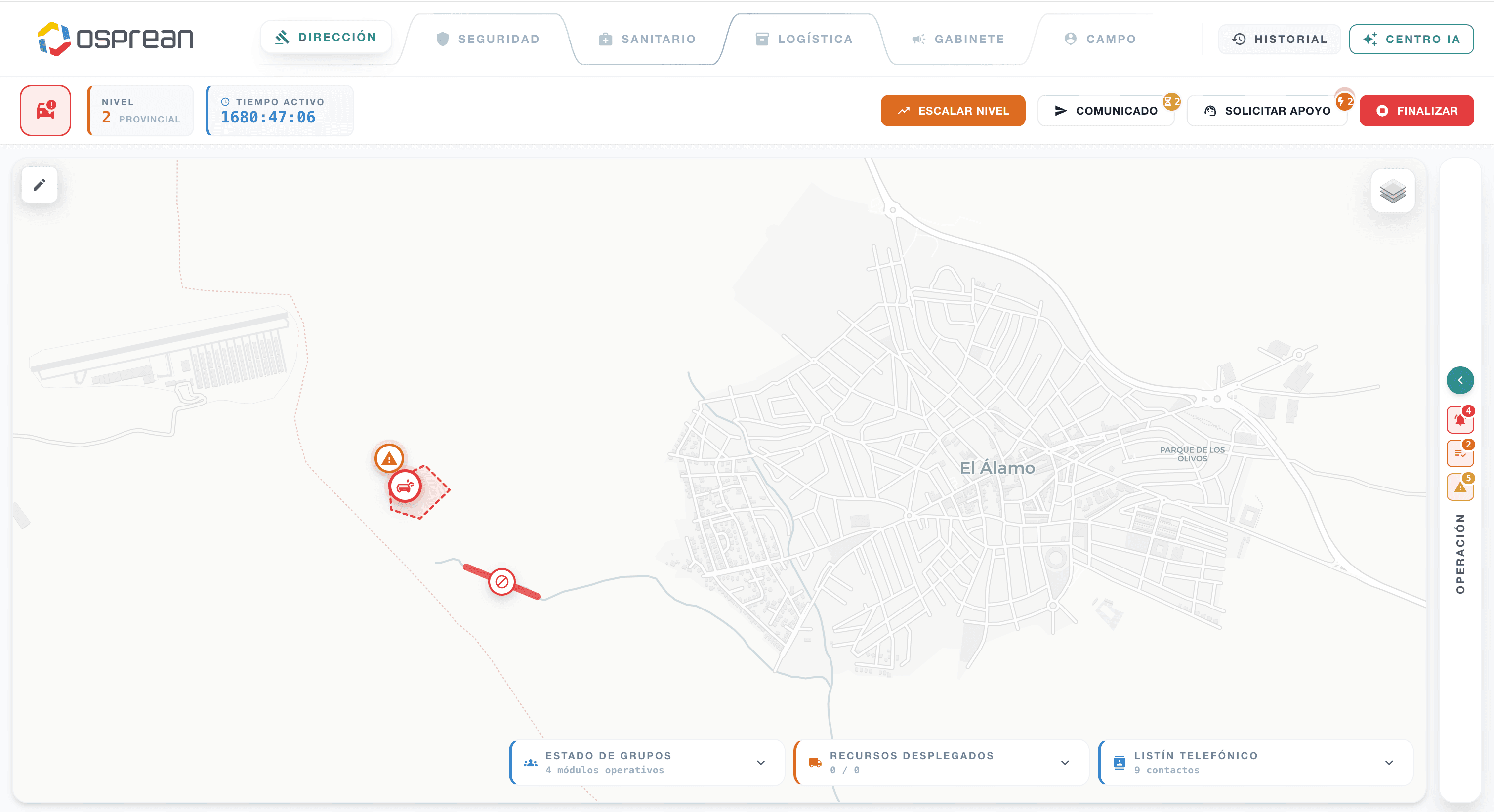 Puesto de mando digital CECOVI con nivel de emergencia, mapa y acciones de escalado