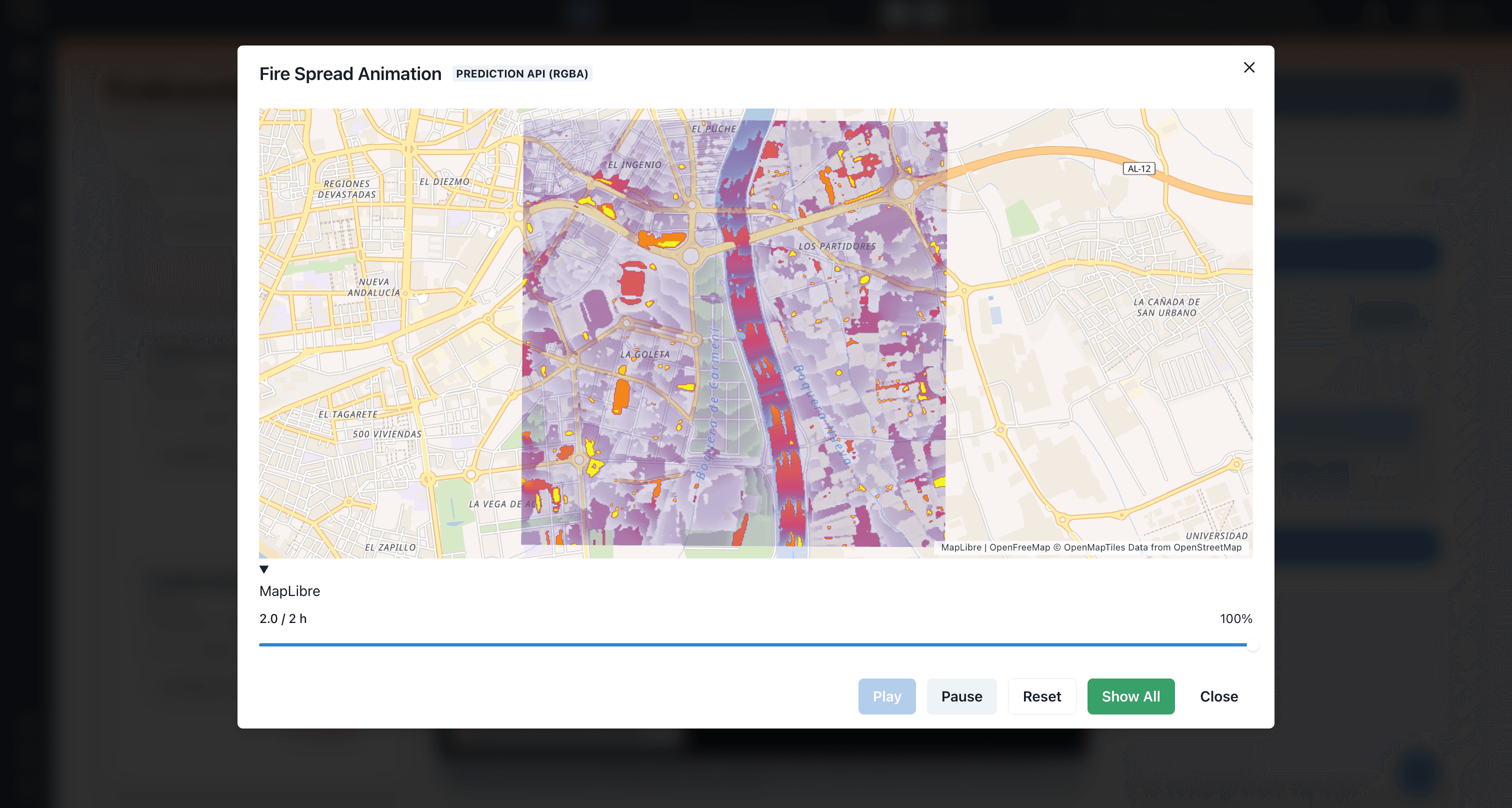 Simulación de riesgo proyectada sobre el mapa para la gestión de inundaciones