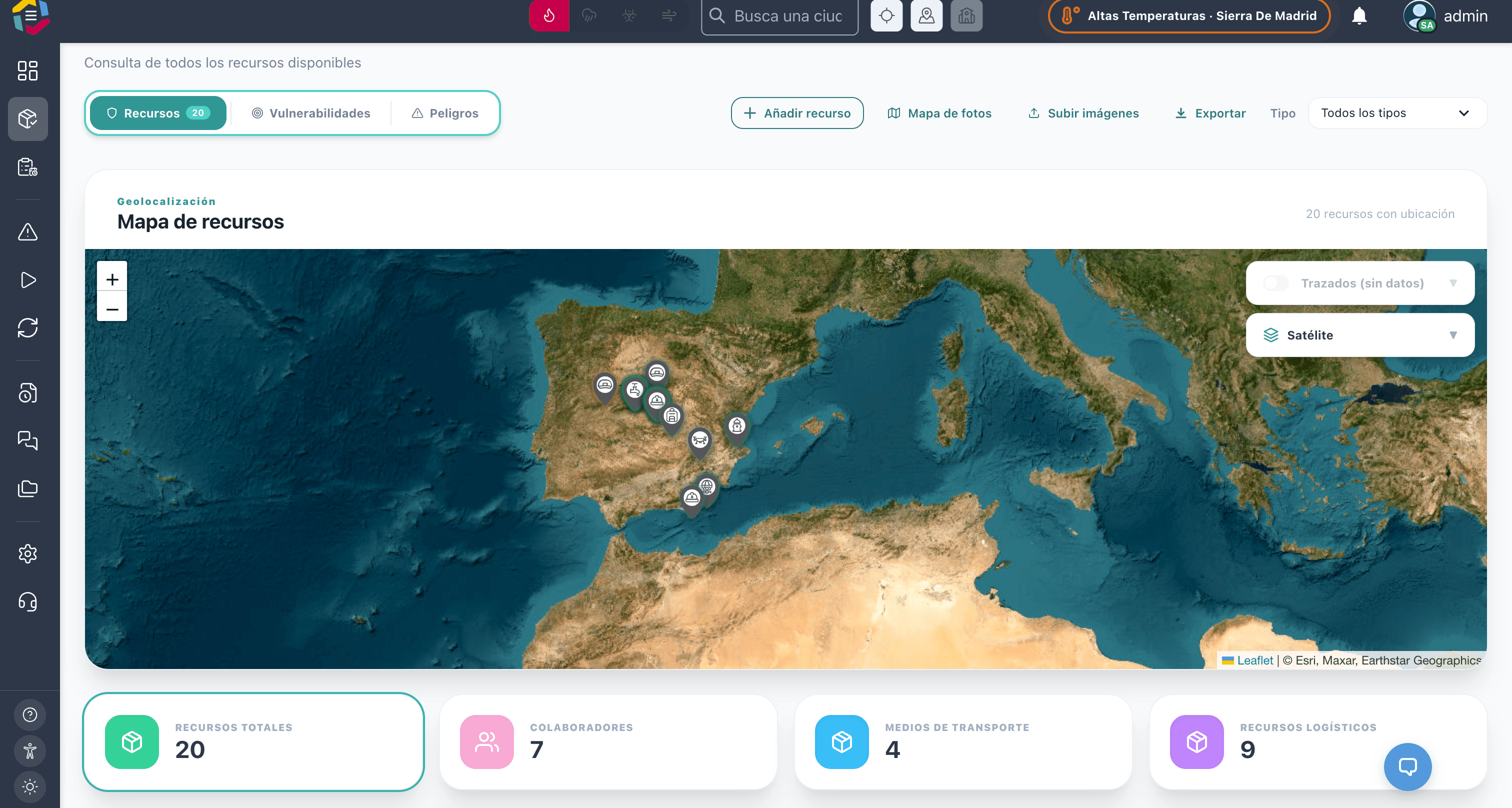 Listado y mapa de recursos disponibles, con recuento por tipo