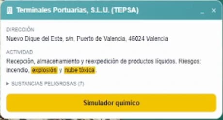 Industry record: address, activity, fire, explosion and toxic-cloud risks, and access to the chemical simulator