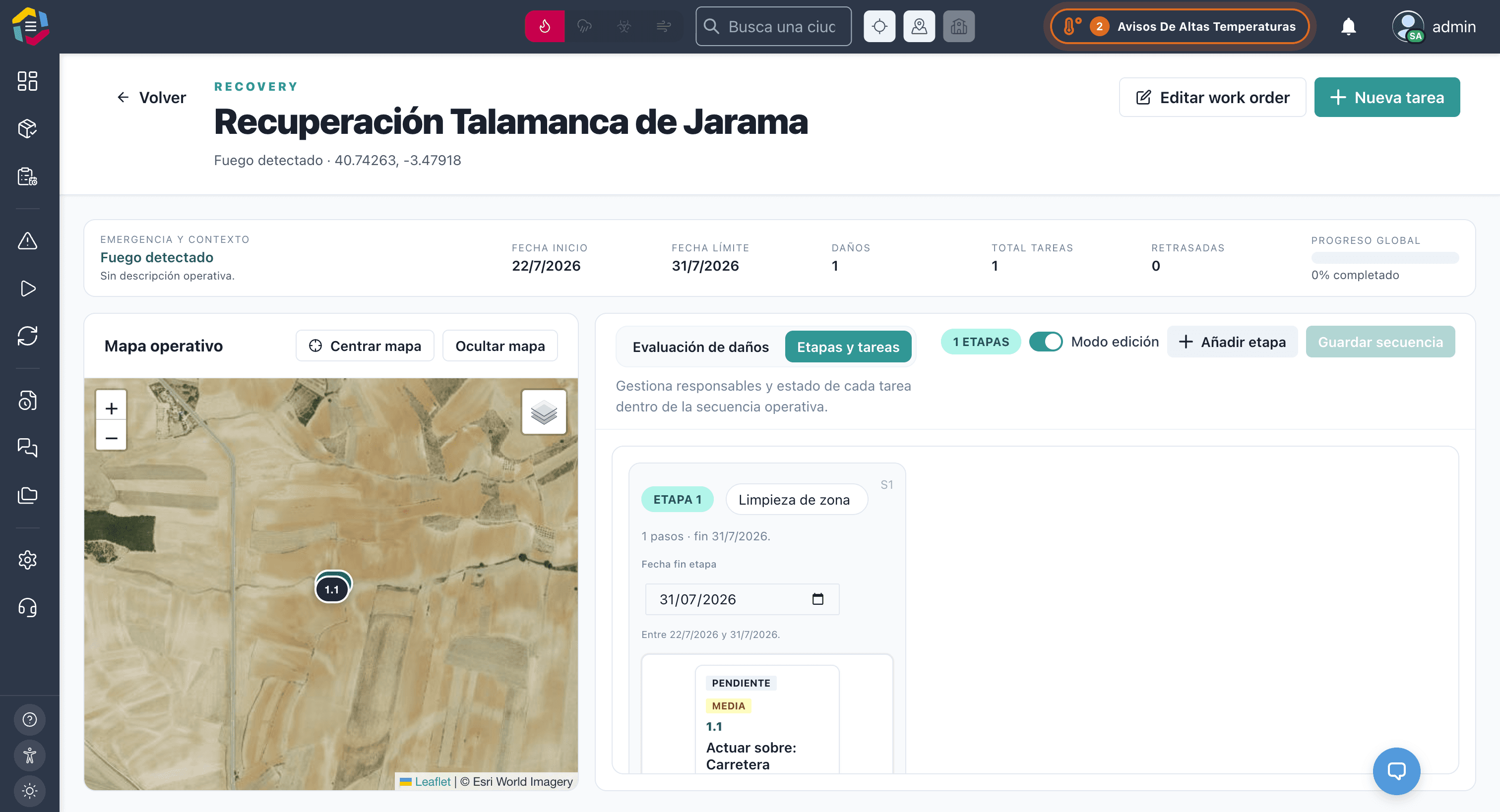 Panel de recuperación con etapas y tareas asignadas sobre el mapa operativo de la zona afectada