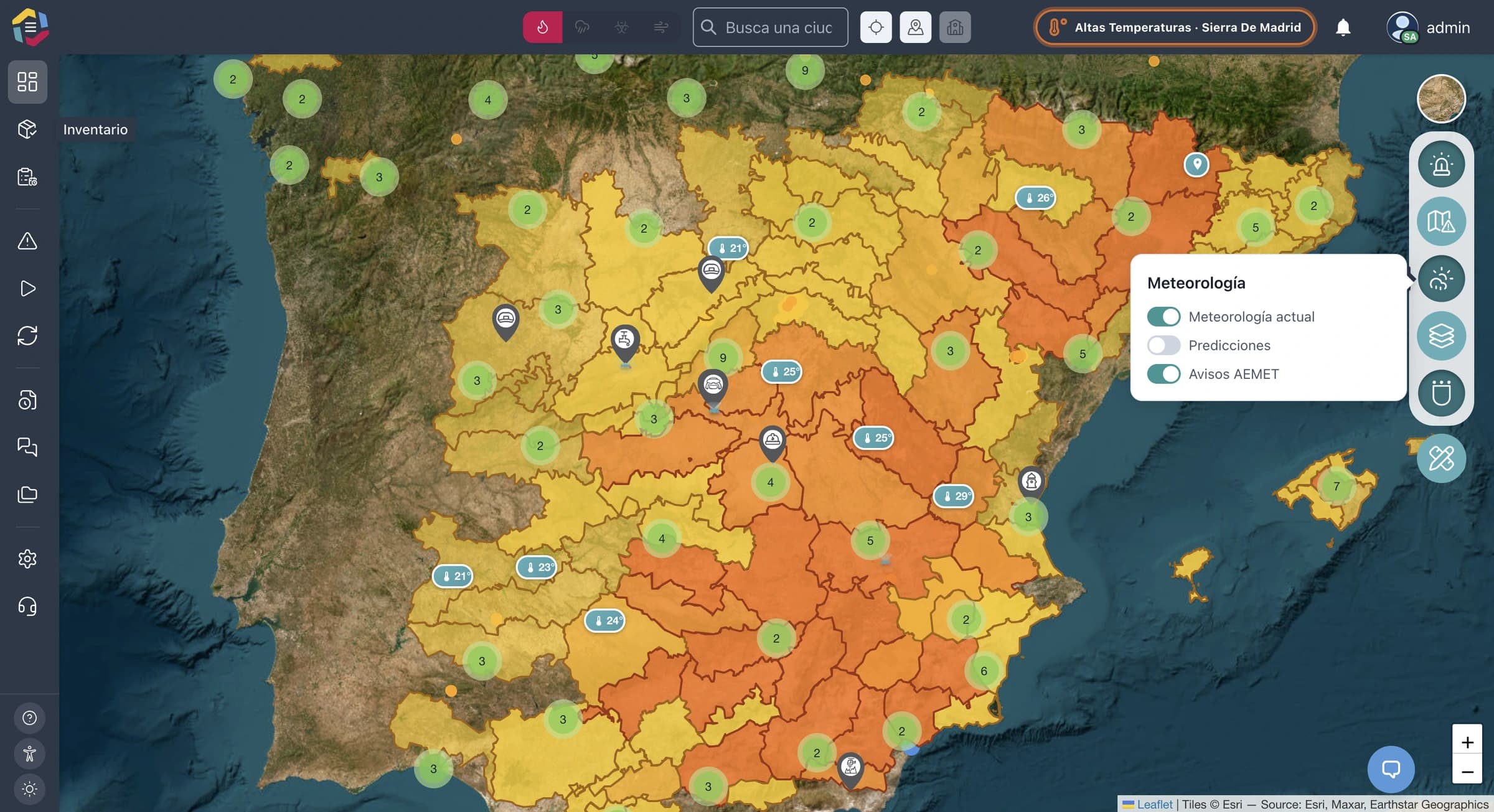 Dashboard operativo de Comacon con capa de meteorología y recursos sobre el mapa