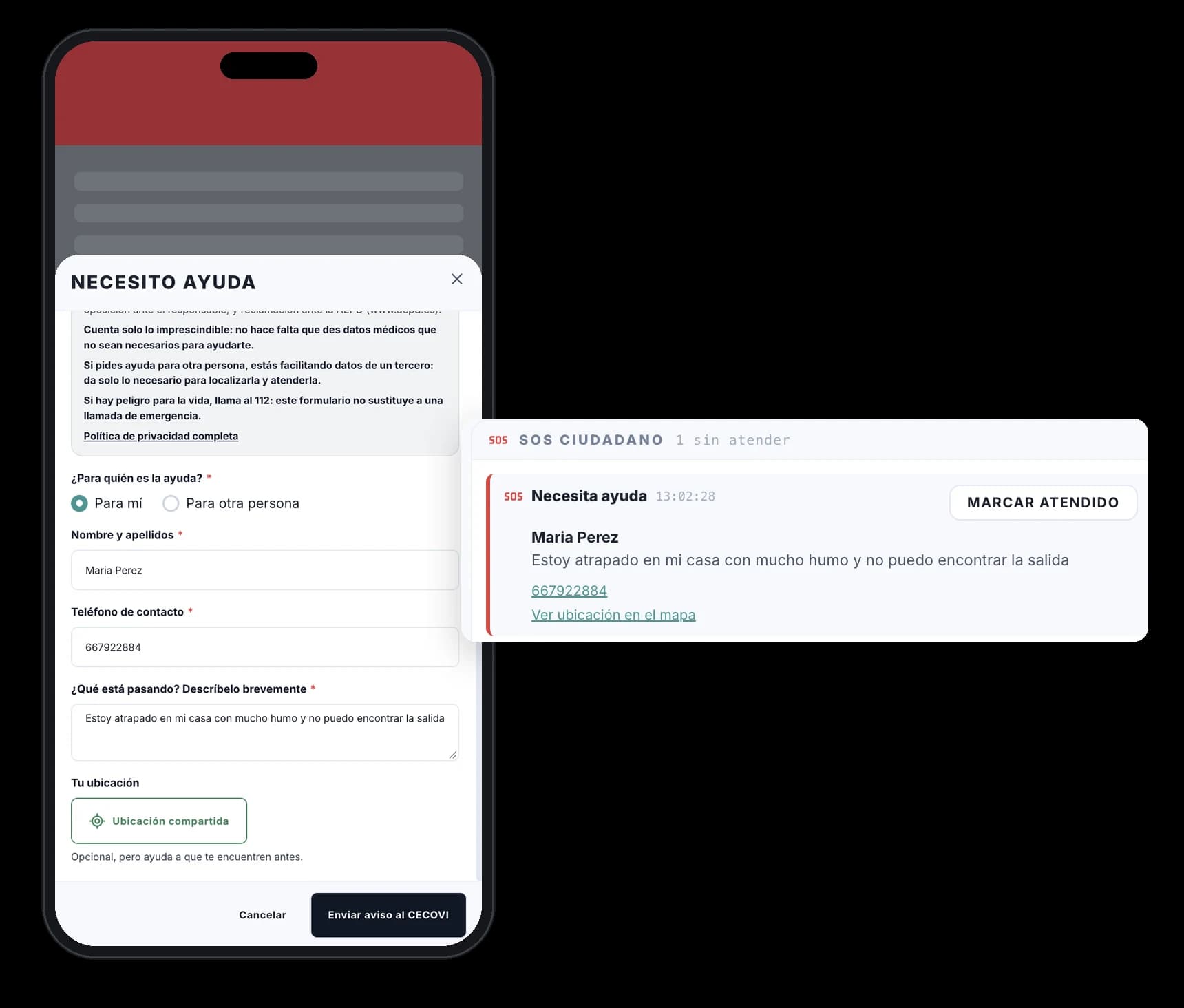 Captura · Aviso ciudadano desde el móvil y alerta SOS en el Centro de Emergencias Virtual